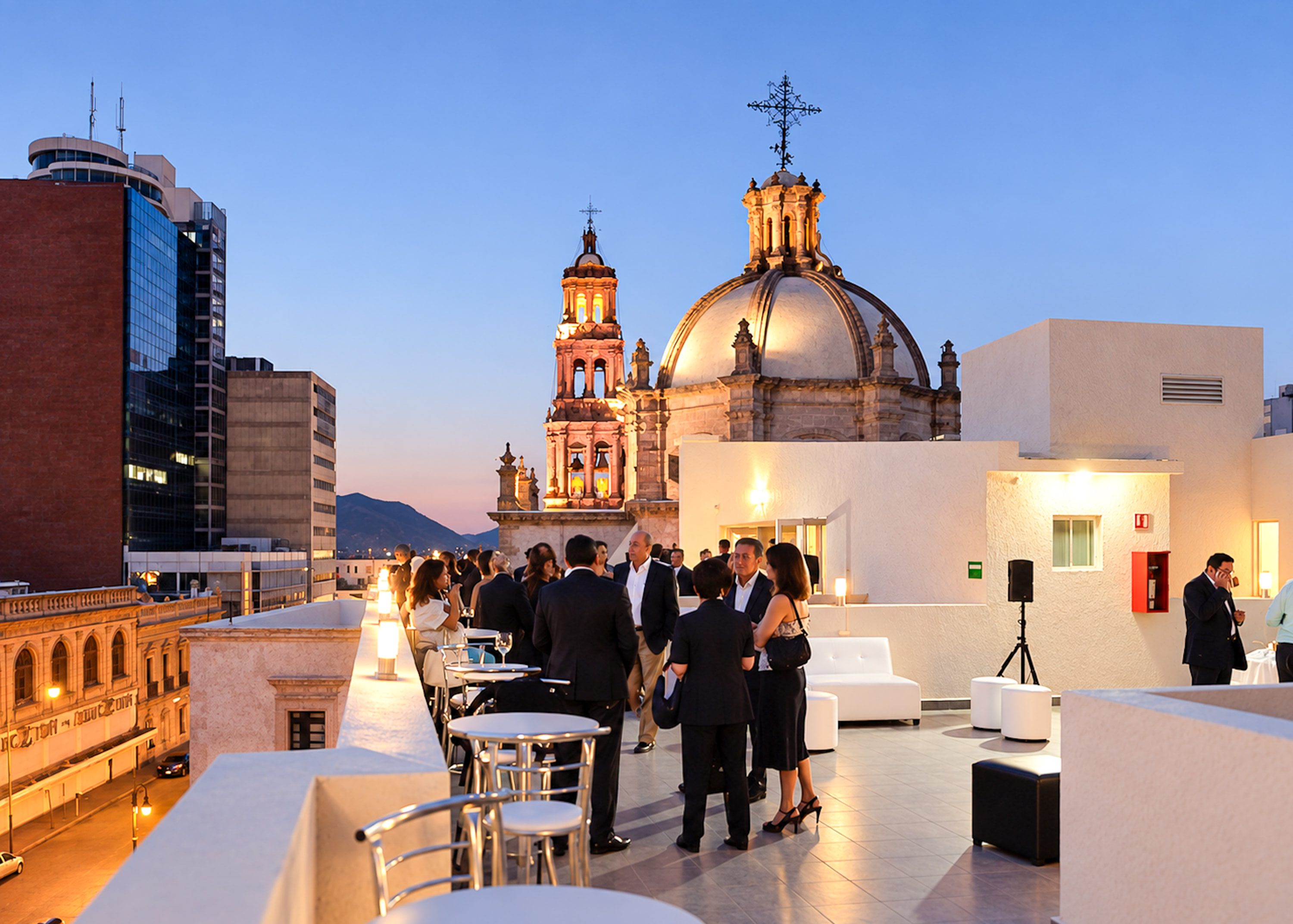 Invitados en una celebración en la terraza junto a la Catedral de Chihuahua